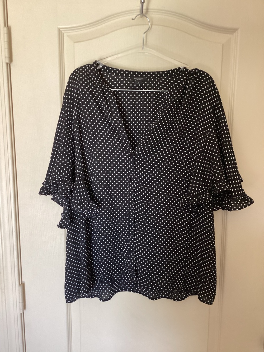 Ann Taylor Factory Polka Dot Ruffle Blouse XL Black White Sheer Top